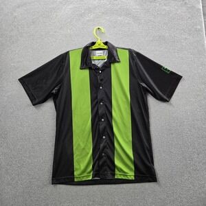 7-Eleven Men Button Up Shirt M Black‎ Striped Logo Short Sleeve